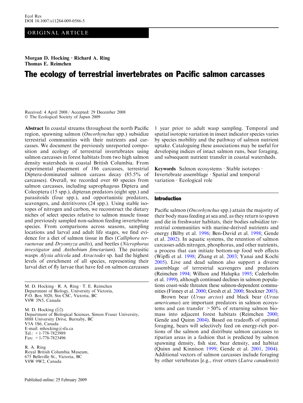 The Ecology of Terrestrial Invertebrates on Pacific Salmon Carcasses