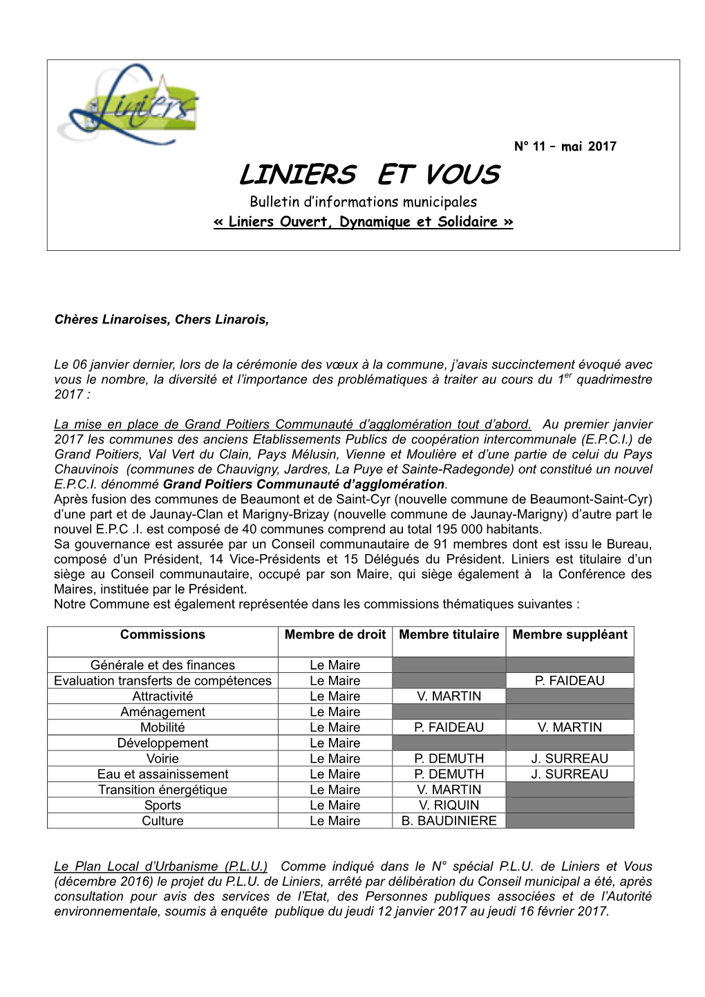 LINIERS ET VOUS Bulletin D’Informations Municipales « Liniers Ouvert, Dynamique Et Solidaire »