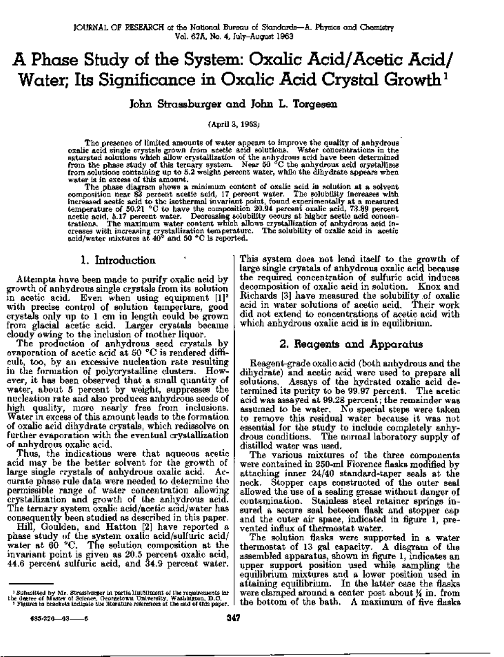 Oxalic Acid/Acetic Acid/ Water; Its Significance in Oxalic Acid Crystal Growth1 John Strassburger and John L