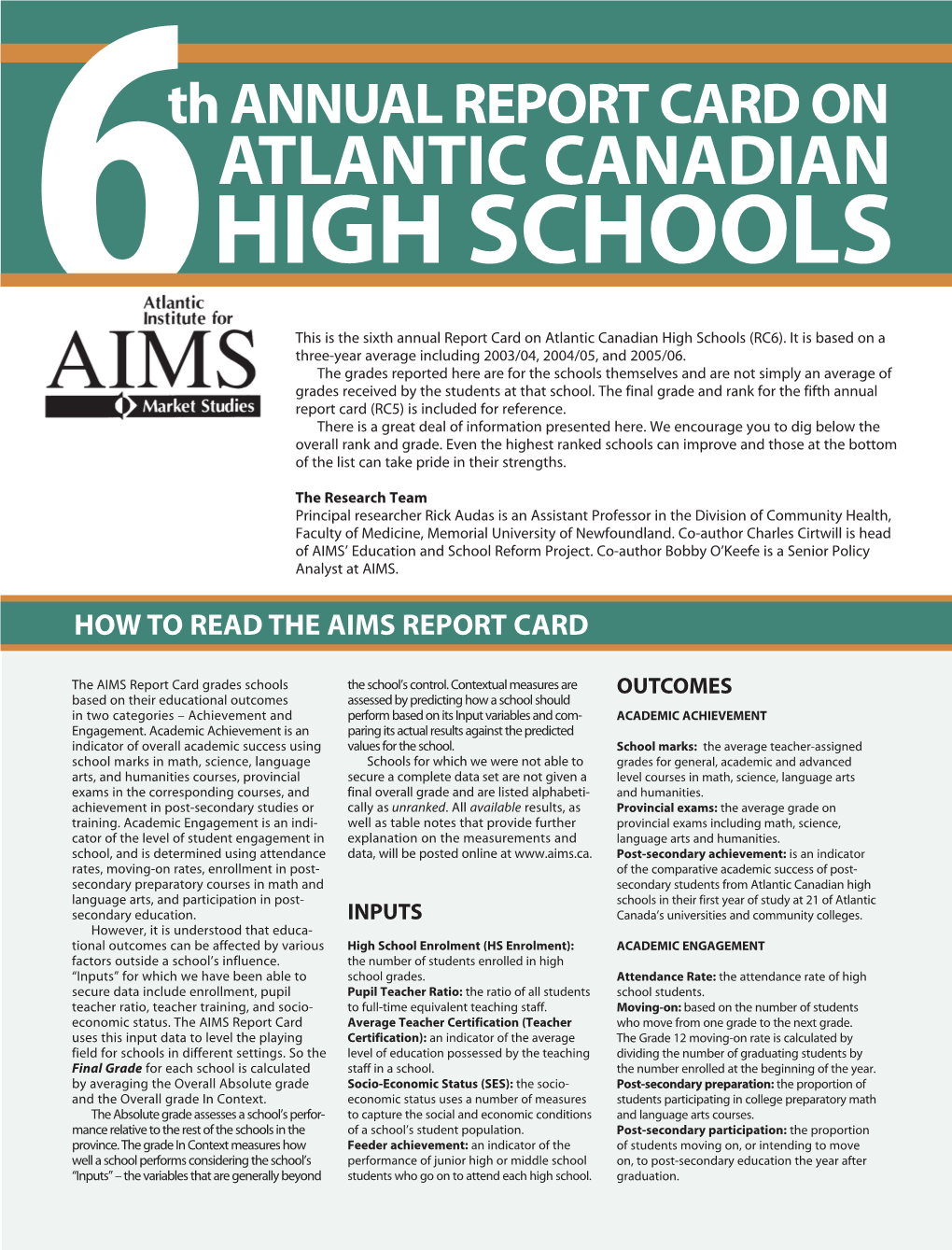 AIMS 6Th Annual Report Card on Atlantic Canadian High Schools