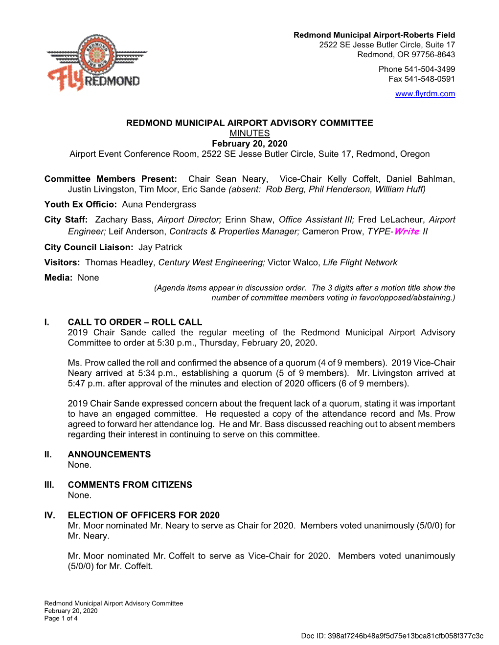 REDMOND MUNICIPAL AIRPORT ADVISORY COMMITTEE MINUTES February 20, 2020 Airport Event Conference Room, 2522 SE Jesse Butler Circle, Suite 17, Redmond, Oregon