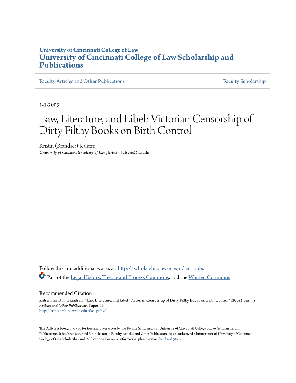 Law, Literature, and Libel: Victorian Censorship of Dirty Filthy Books On