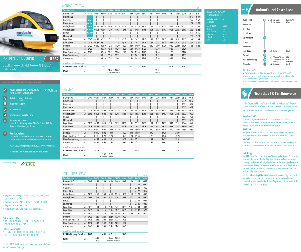 RE 82 FAHRPLAN 2017 / 2018 Ticketkauf & Tarifhinweise Ankunft