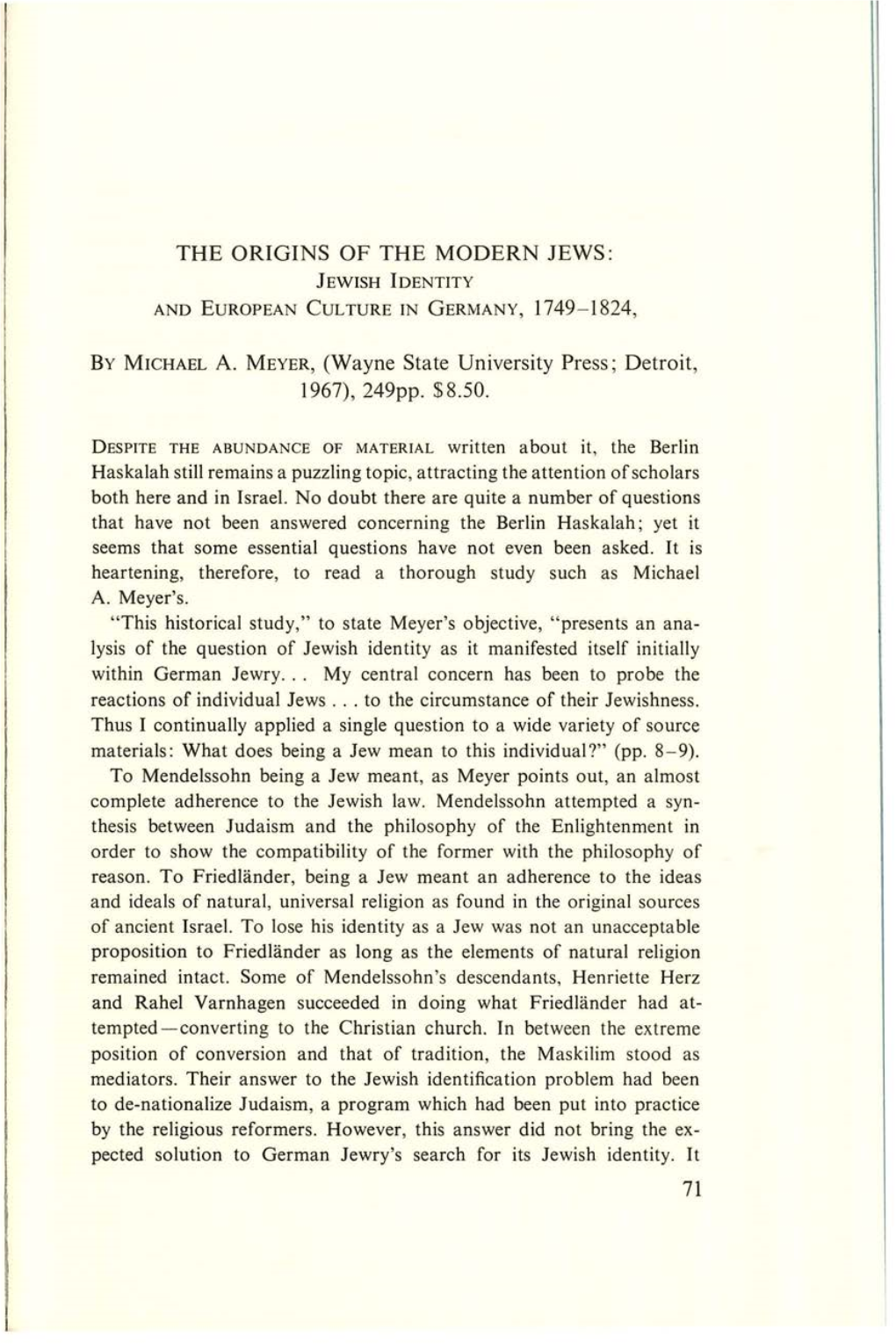 The Origins of the Modern Jews: by Michael A. Meyer