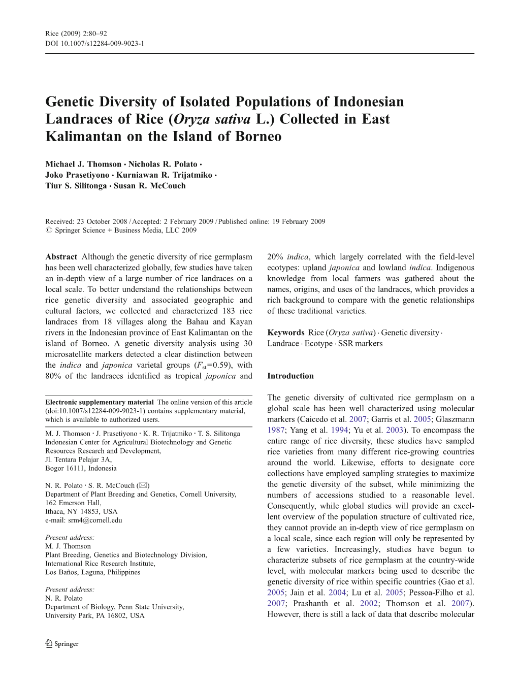 Genetic Diversity of Isolated Populations of Indonesian Landraces of Rice (Oryza Sativa L.) Collected in East Kalimantan on the Island of Borneo