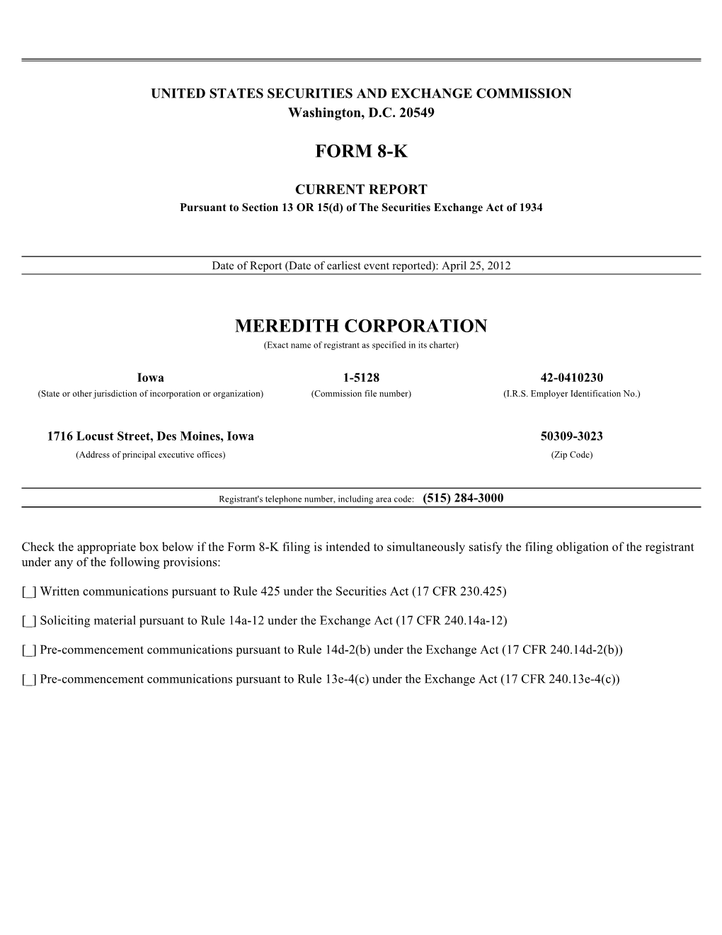 Form 8-K Meredith Corporation