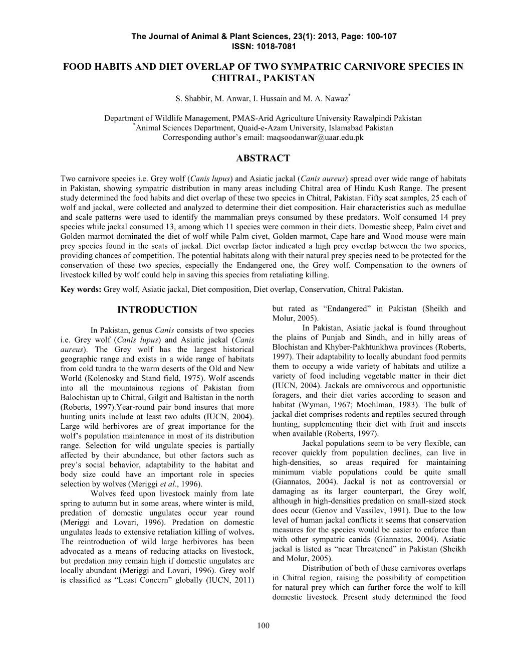 Food Habits and Diet Overlap of Two Sympatric Carnivore Species in Chitral, Pakistan