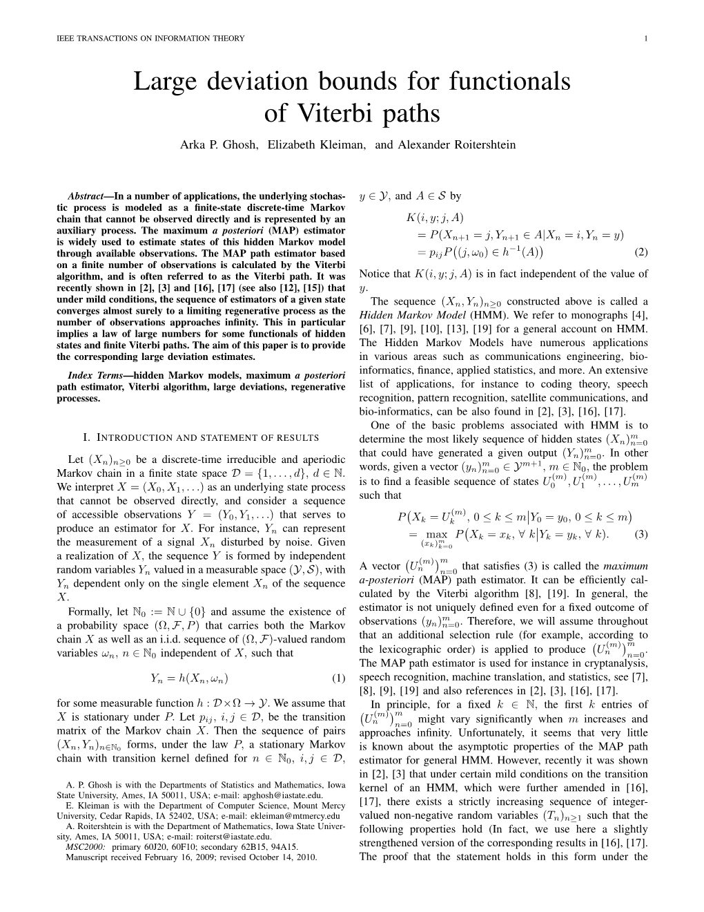 Large Deviation Bounds for Functionals of Viterbi Paths Arka P