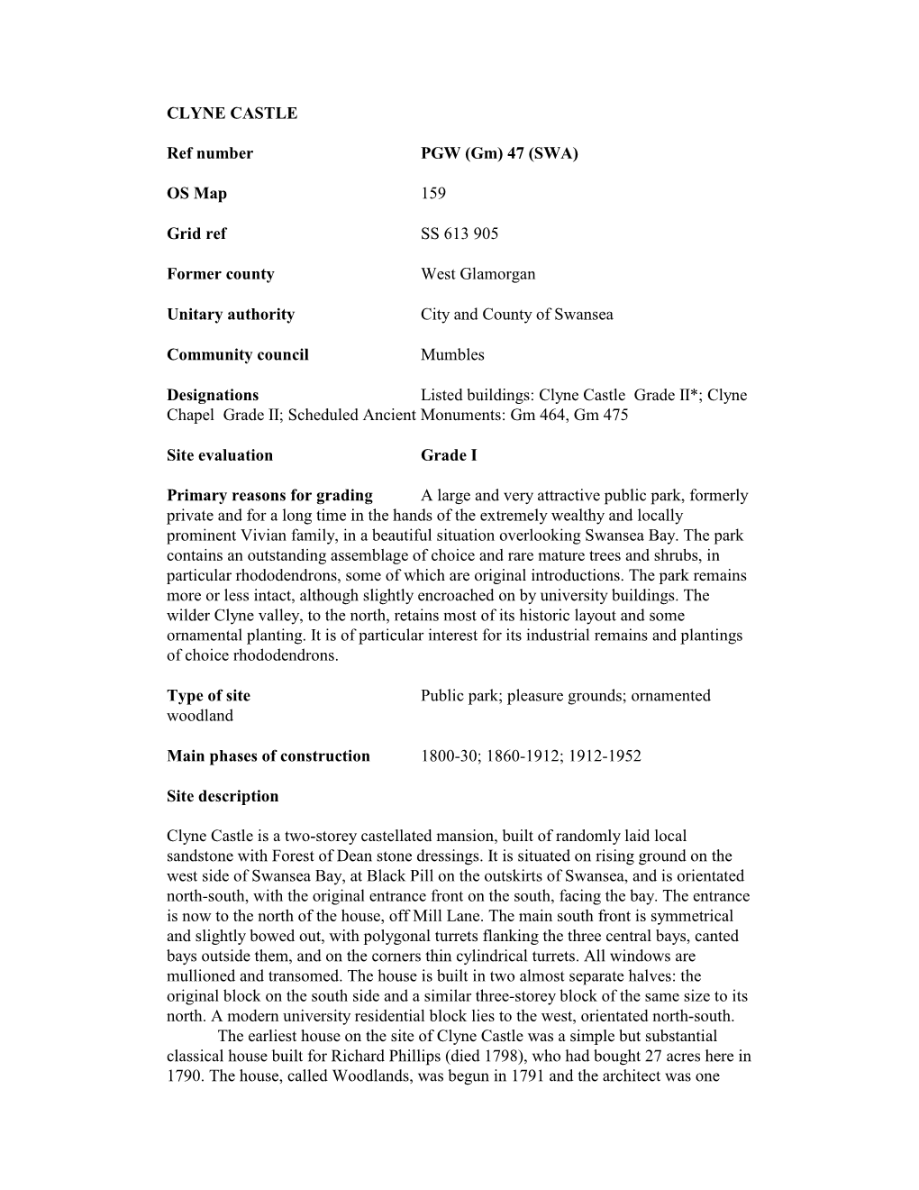 CLYNE CASTLE Ref Number PGW (Gm) 47 (SWA) OS Map 159 Grid