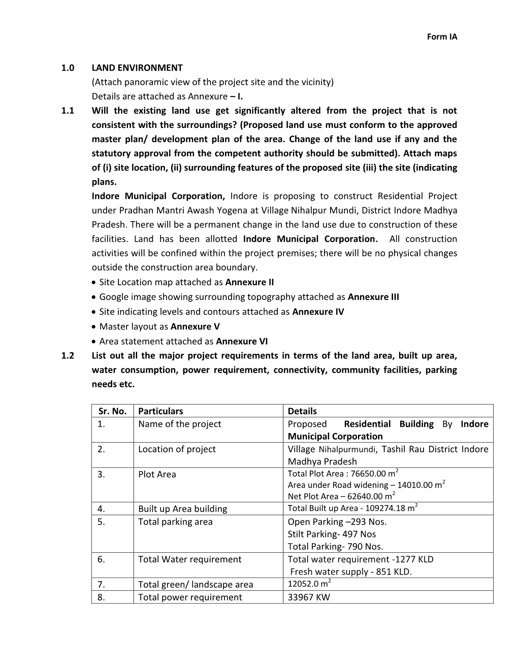 1.0 LAND ENVIRONMENT (Attach Panoramic View of the Project Site and the Vicinity) Details Are Attached As Annexure – I