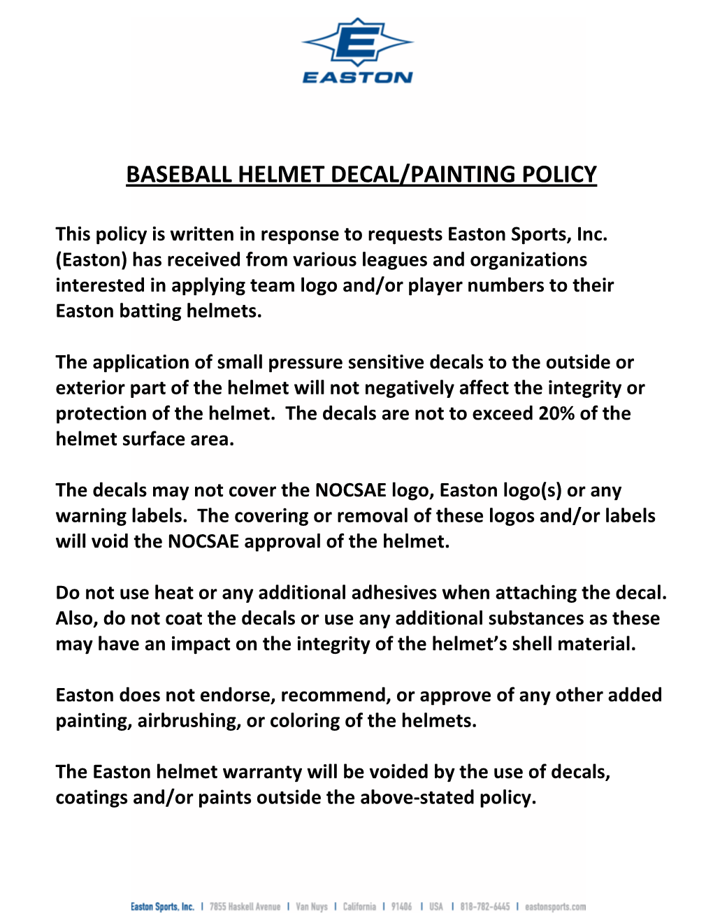 Baseball Helmet Decal/Painting Policy