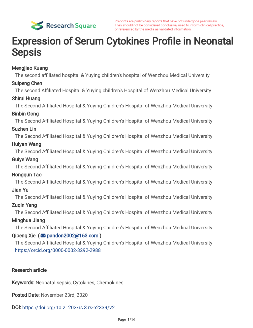 Expression of Serum Cytokines Pro Le in Neonatal Sepsis