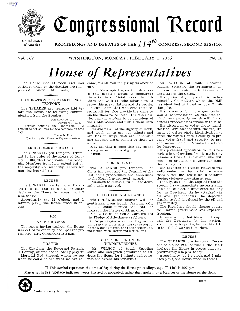 Congressional Record United States Th of America PROCEEDINGS and DEBATES of the 114 CONGRESS, SECOND SESSION