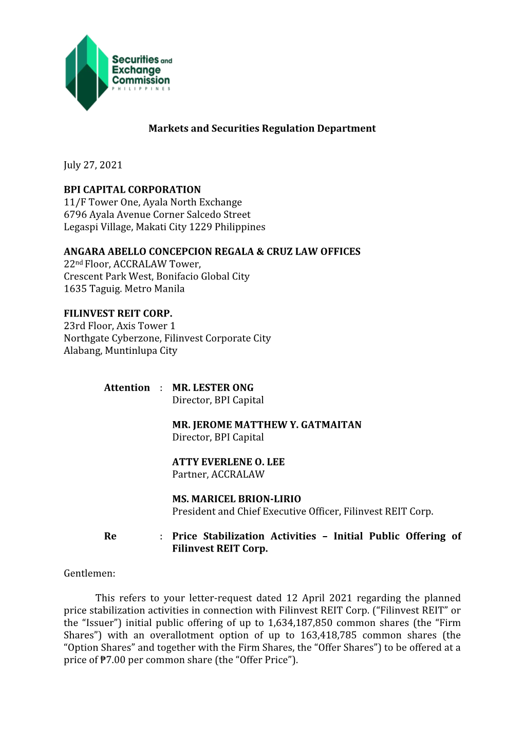 Markets and Securities Regulation Department