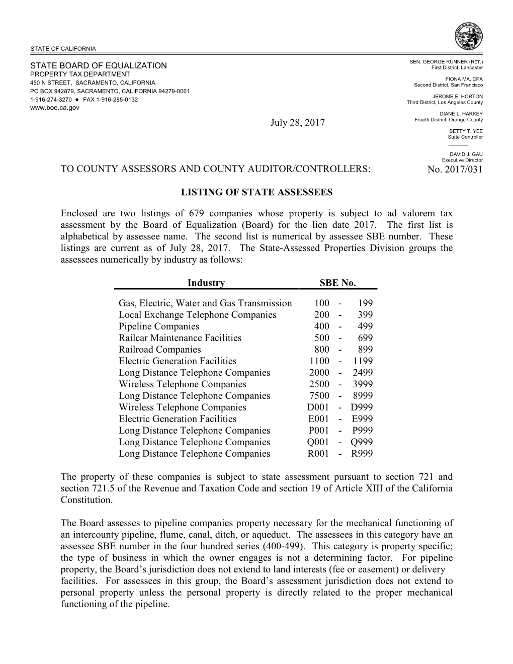 2017/031 – Listing of State Assessees