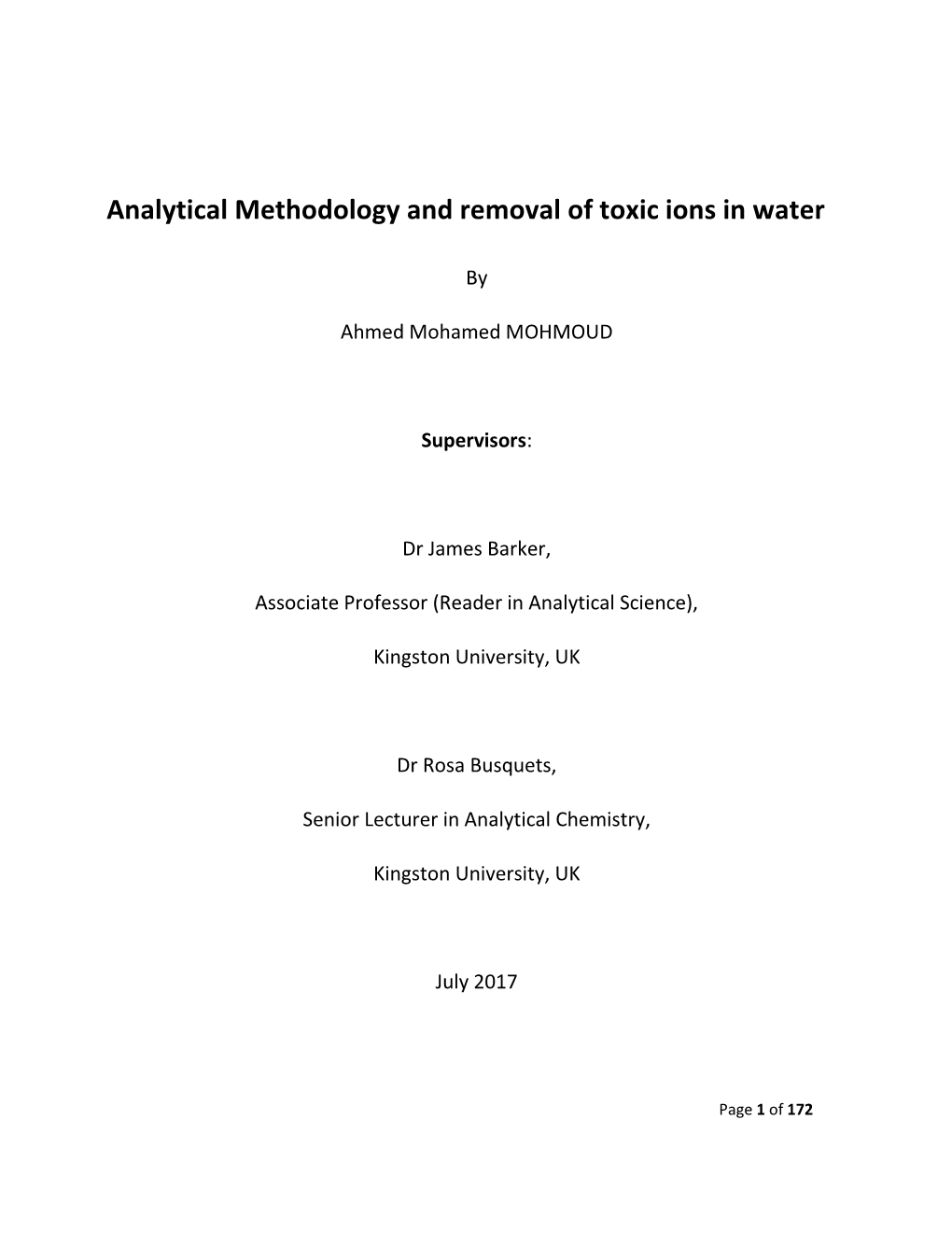 Analytical Methodology and Removal of Toxic Ions in Water