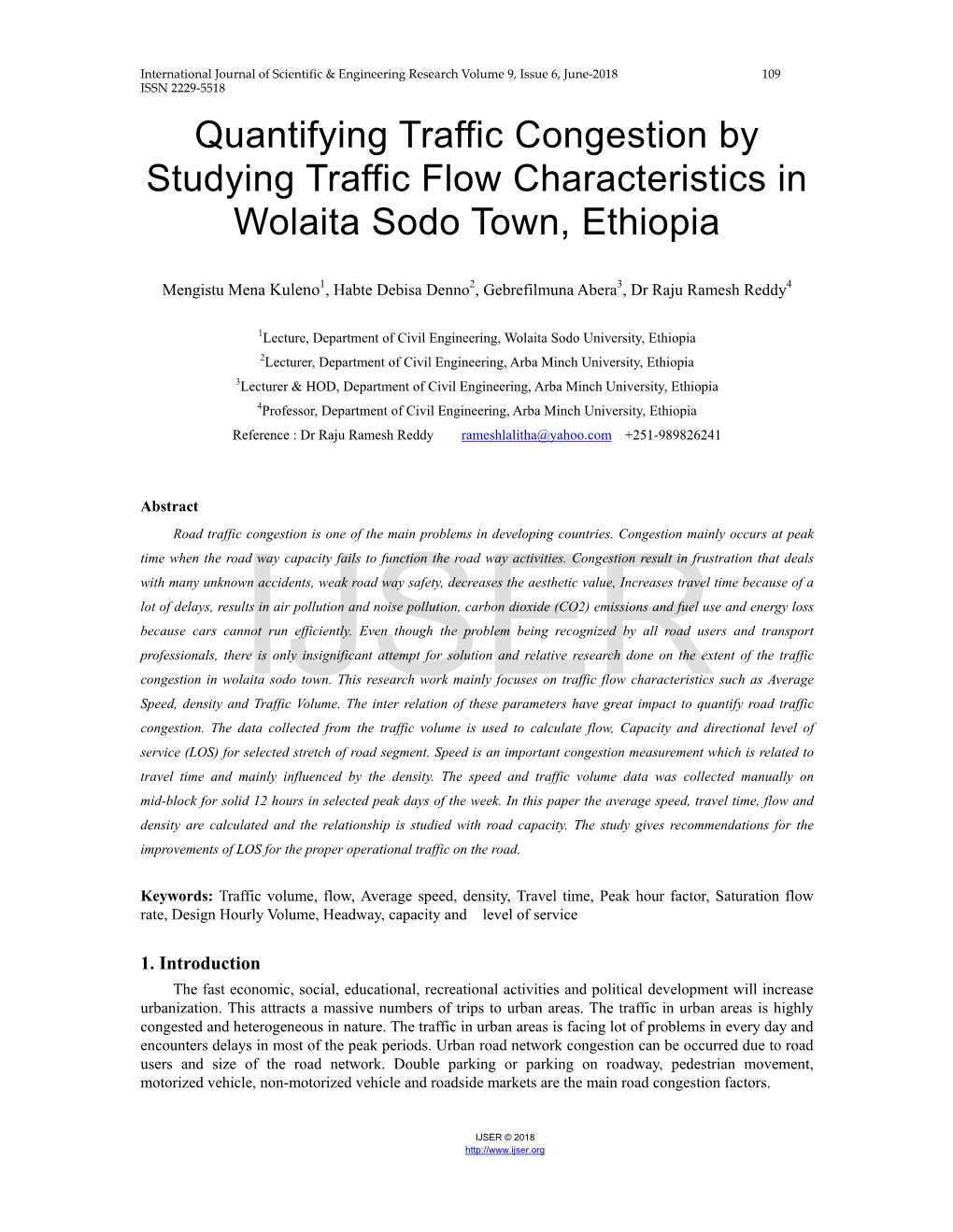 Quantifying Traffic Congestion by Studying Traffic Flow Characteristics in Wolaita Sodo Town, Ethiopia