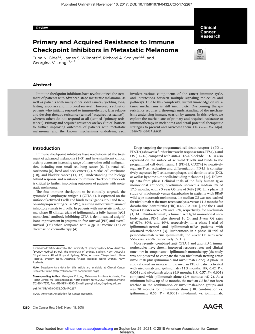 Primary and Acquired Resistance to Immune Checkpoint Inhibitors in Metastatic Melanoma Tuba N