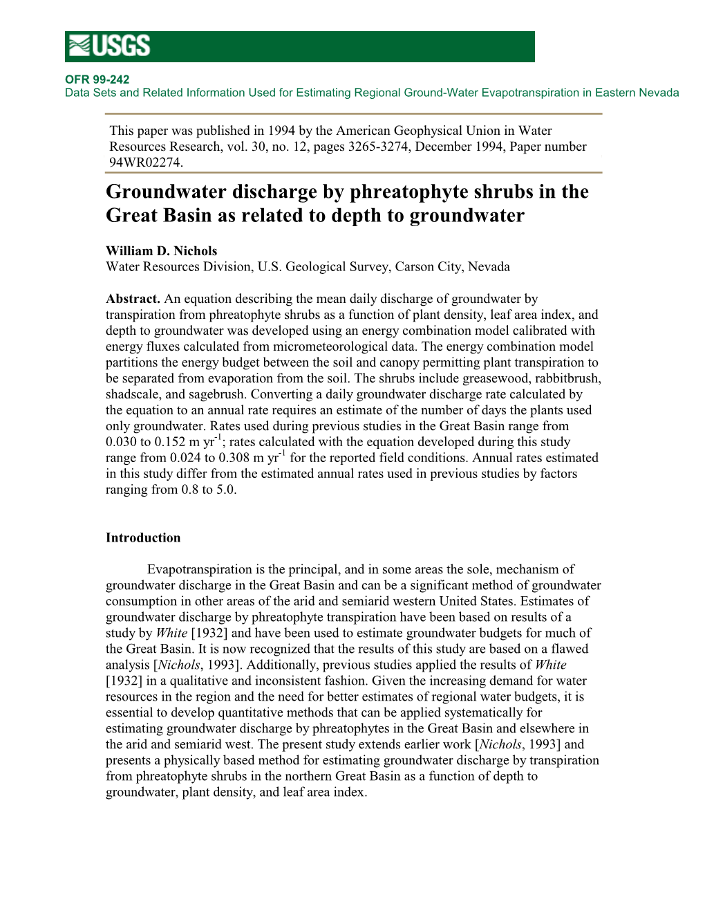 Water Resources Research, Vol. 30, No. 12, Pages 3265-3274, December 1994, Paper Number 94WR02274