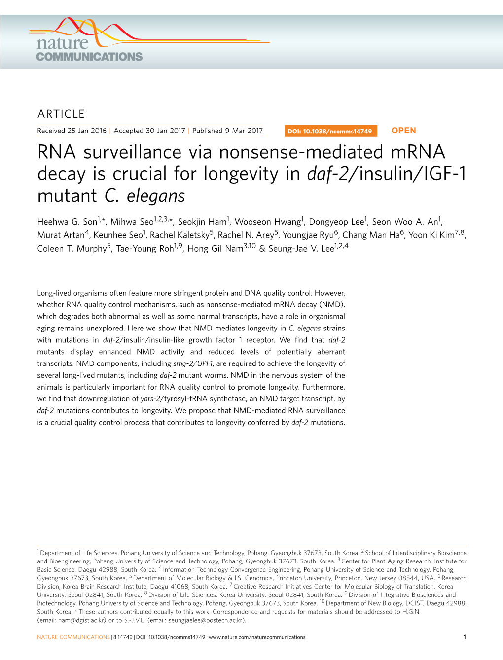 RNA Surveillance Via Nonsense-Mediated Mrna Decay Is Crucial for Longevity in Daf-2/Insulin/IGF-1 Mutant C. Elegans