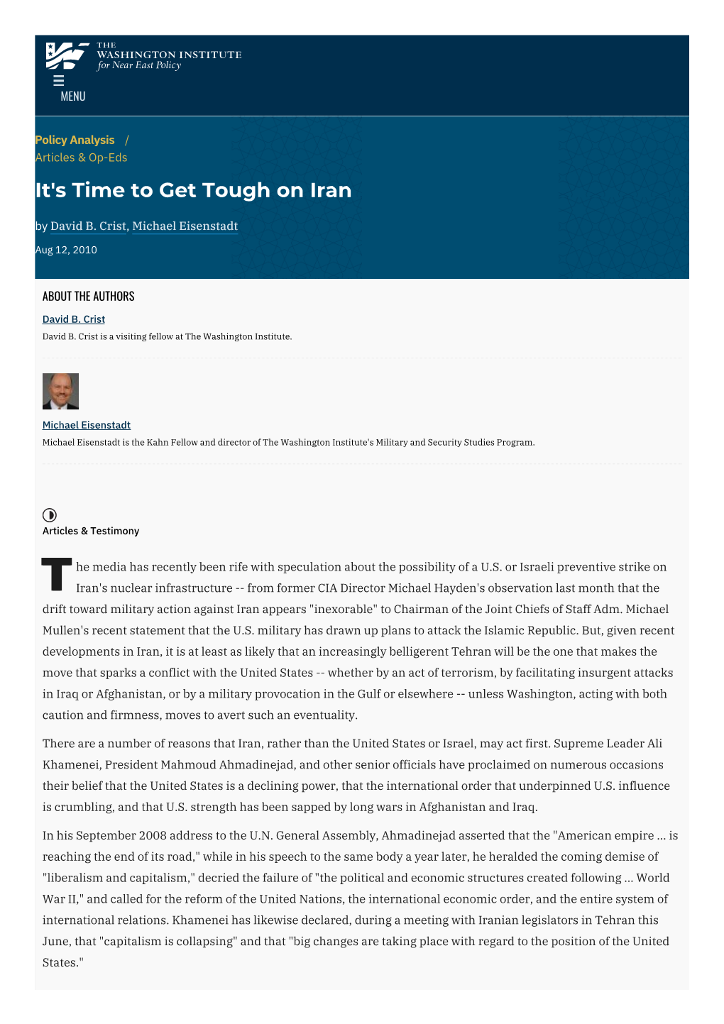 It's Time to Get Tough on Iran | the Washington Institute