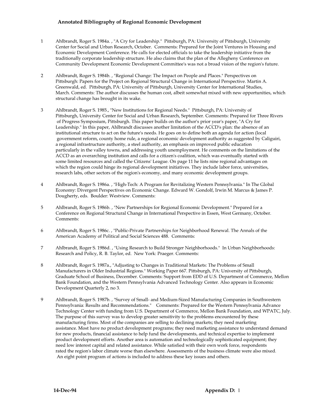 Appendix D: 1 Annotated Bibliography of Regional Economic Development