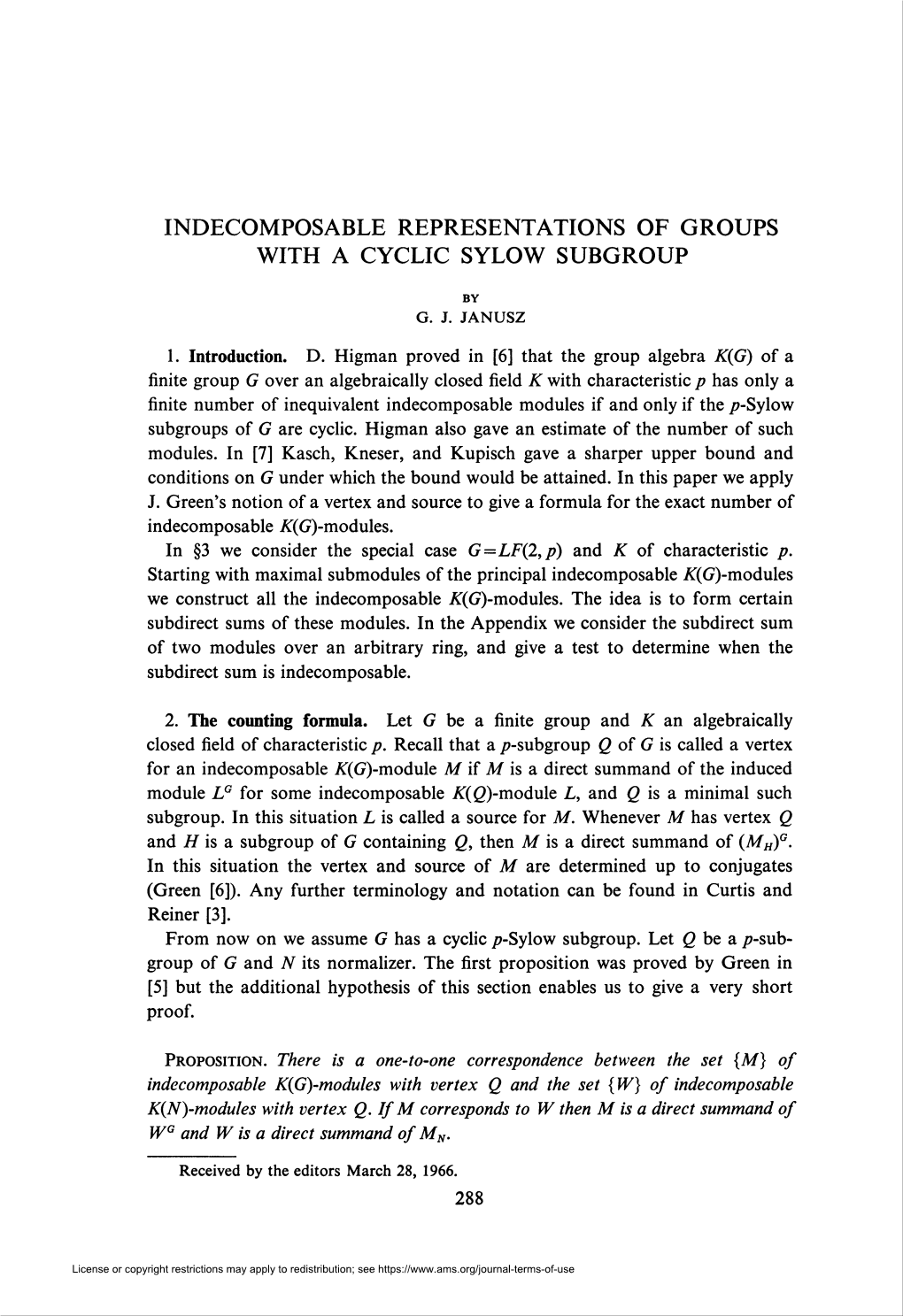 Indecomposable Representations of Groups with a Cyclic Sylow Subgroup