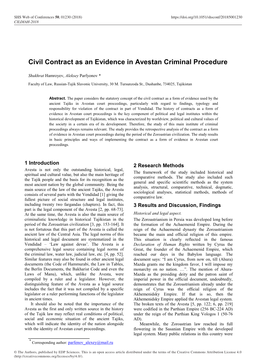 Civil Contract As an Evidence in Avestan Criminal Procedure