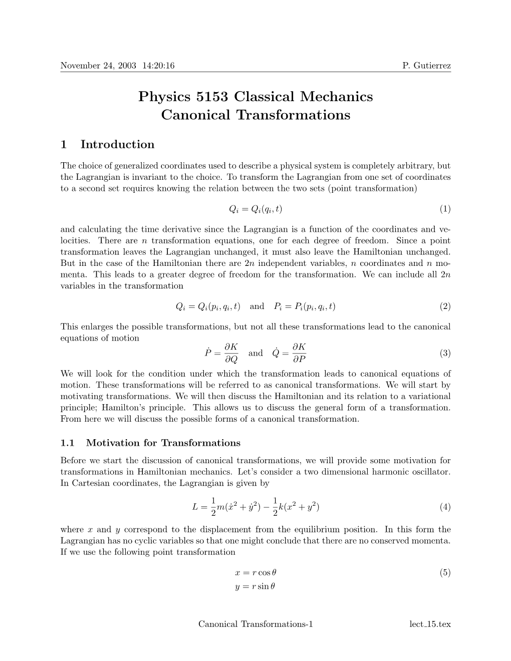 Physics 5153 Classical Mechanics Canonical Transformations