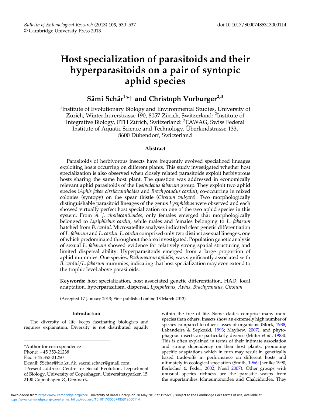 Host Specialization of Parasitoids and Their Hyperparasitoids on a Pair of Syntopic Aphid Species