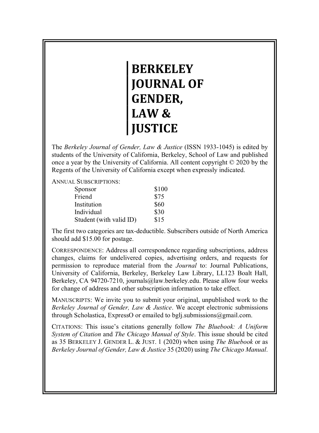 Berkeley Journal of Gender, Law & Justice