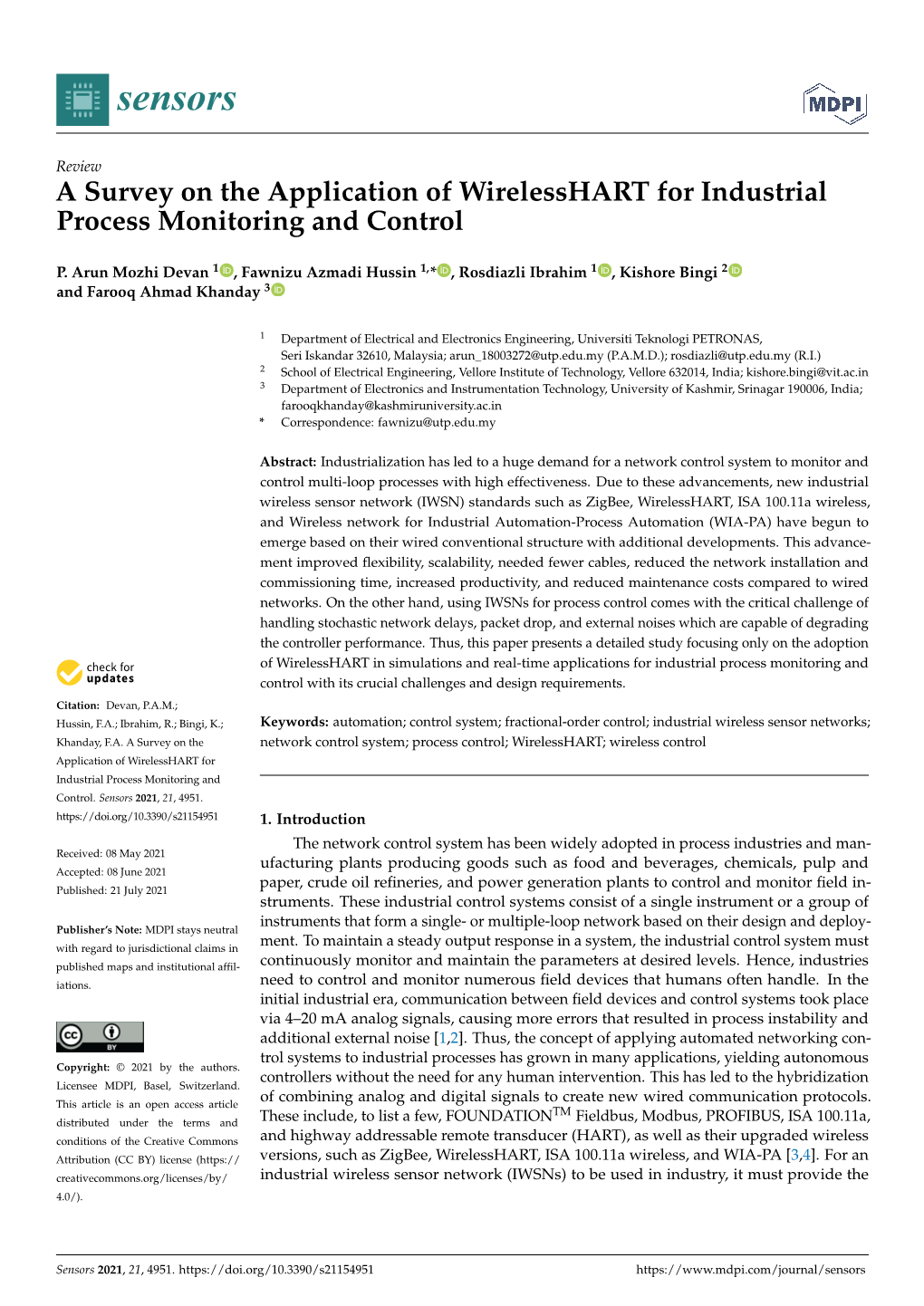 A Survey on the Application of Wirelesshart for Industrial Process Monitoring and Control