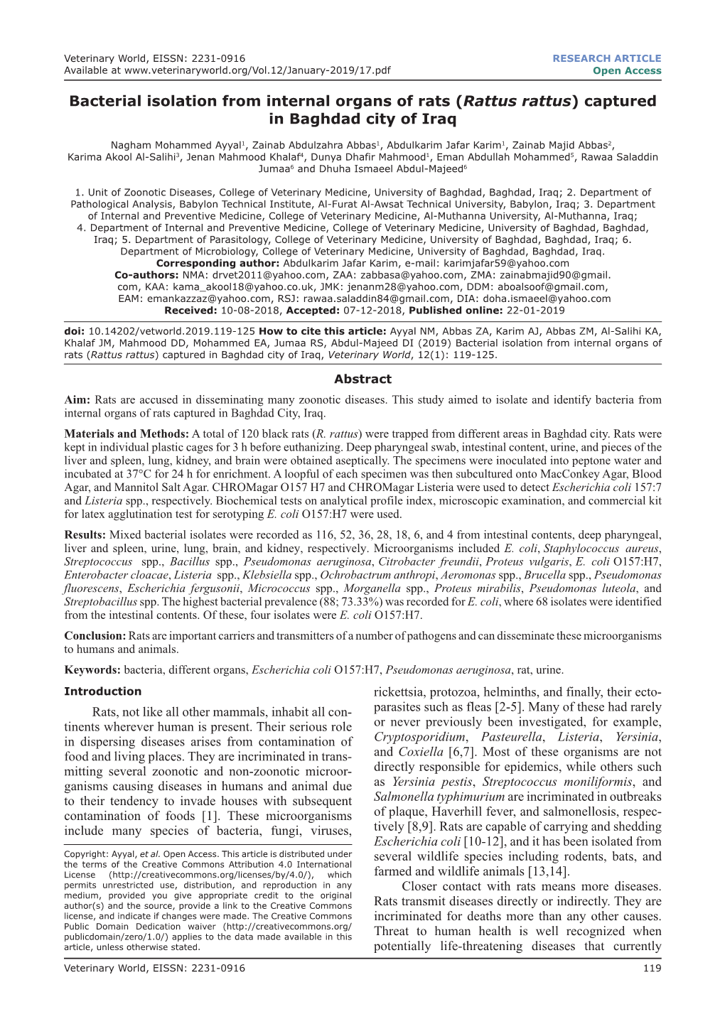 Bacterial Isolation from Internal Organs of Rats (Rattus Rattus) Captured in Baghdad City of Iraq