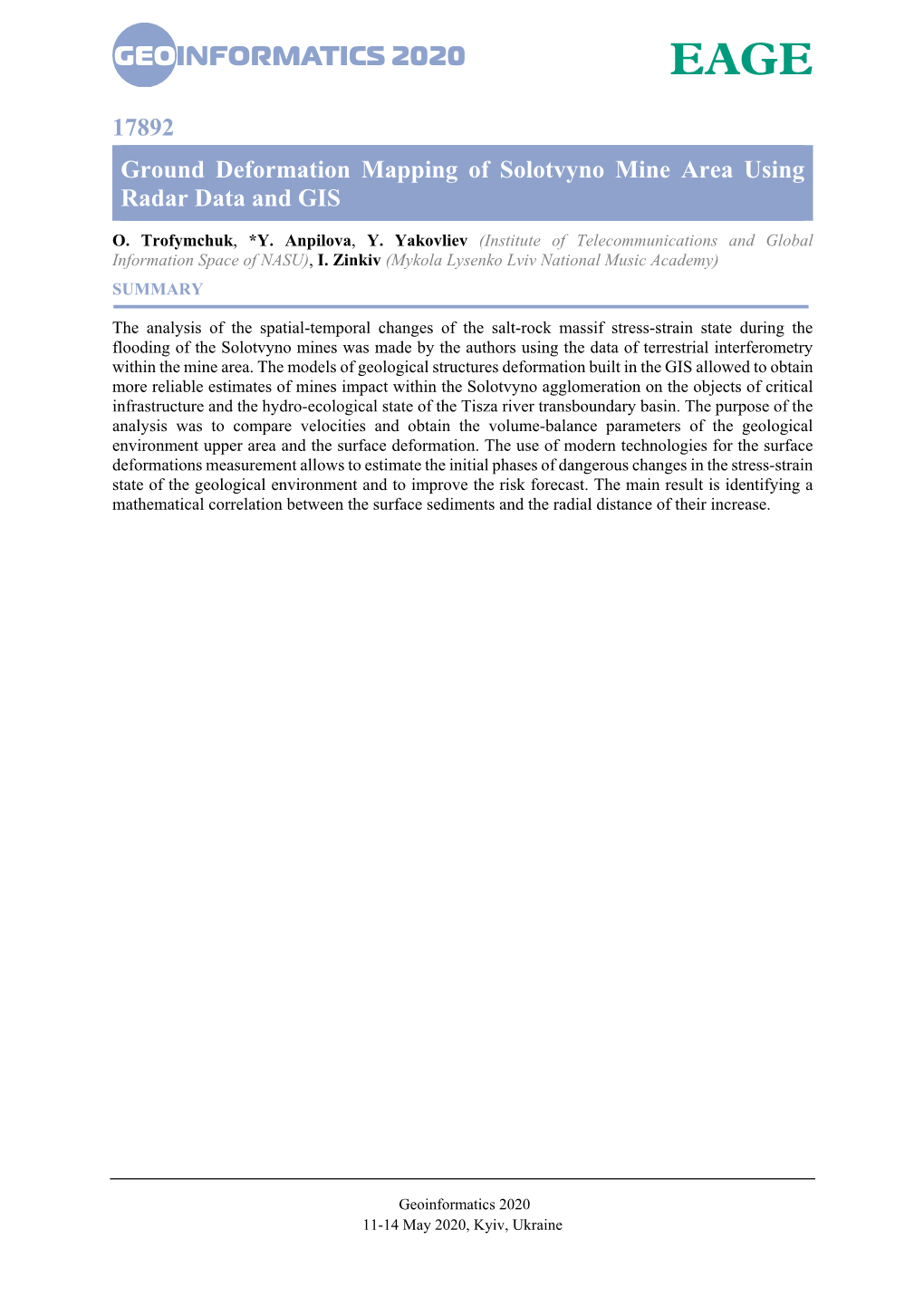 17892 Ground Deformation Mapping of Solotvyno Mine Area Using Radar Data and GIS