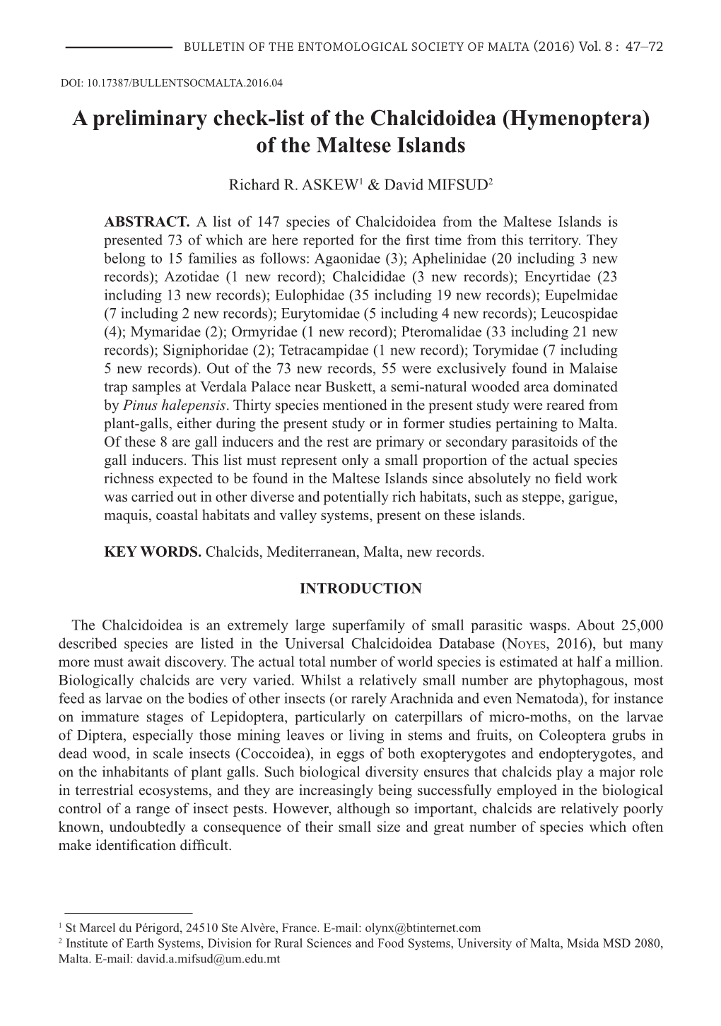 A Preliminary Check-List of the Chalcidoidea (Hymenoptera) of the Maltese Islands