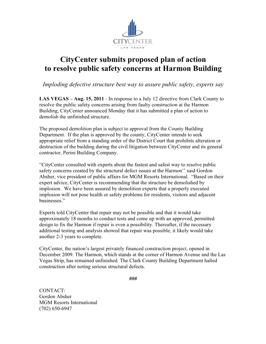 Citycenter Submits Proposed Plan of Action to Resolve Public Safety Concerns at Harmon Building