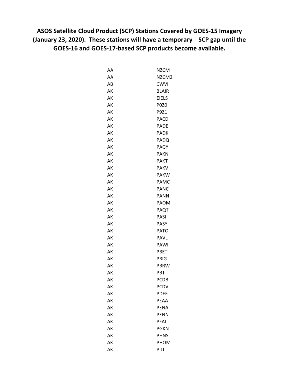 ASOS Satellite Cloud Product (SCP) Stations Covered by GOES-15 Imagery (January 23, 2020)