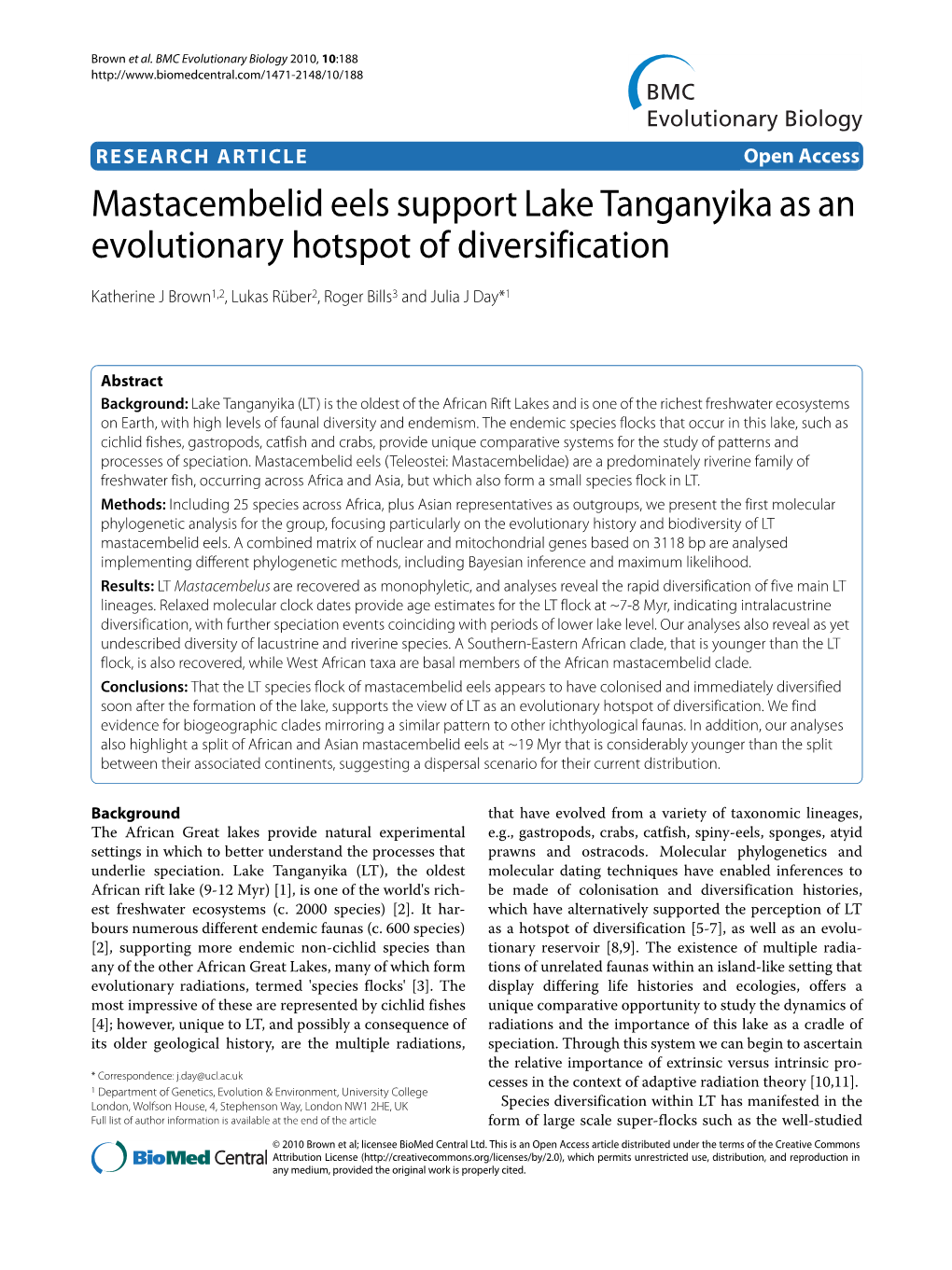 Mastacembelid Eels Support Lake Tanganyika As an Evolutionary