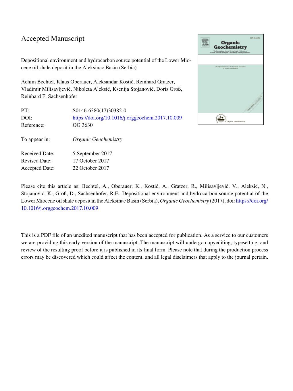 Depositional Environment and Hydrocarbon Source Potential of the Lower Mio- Cene Oil Shale Deposit in the Aleksinac Basin (Serbia)