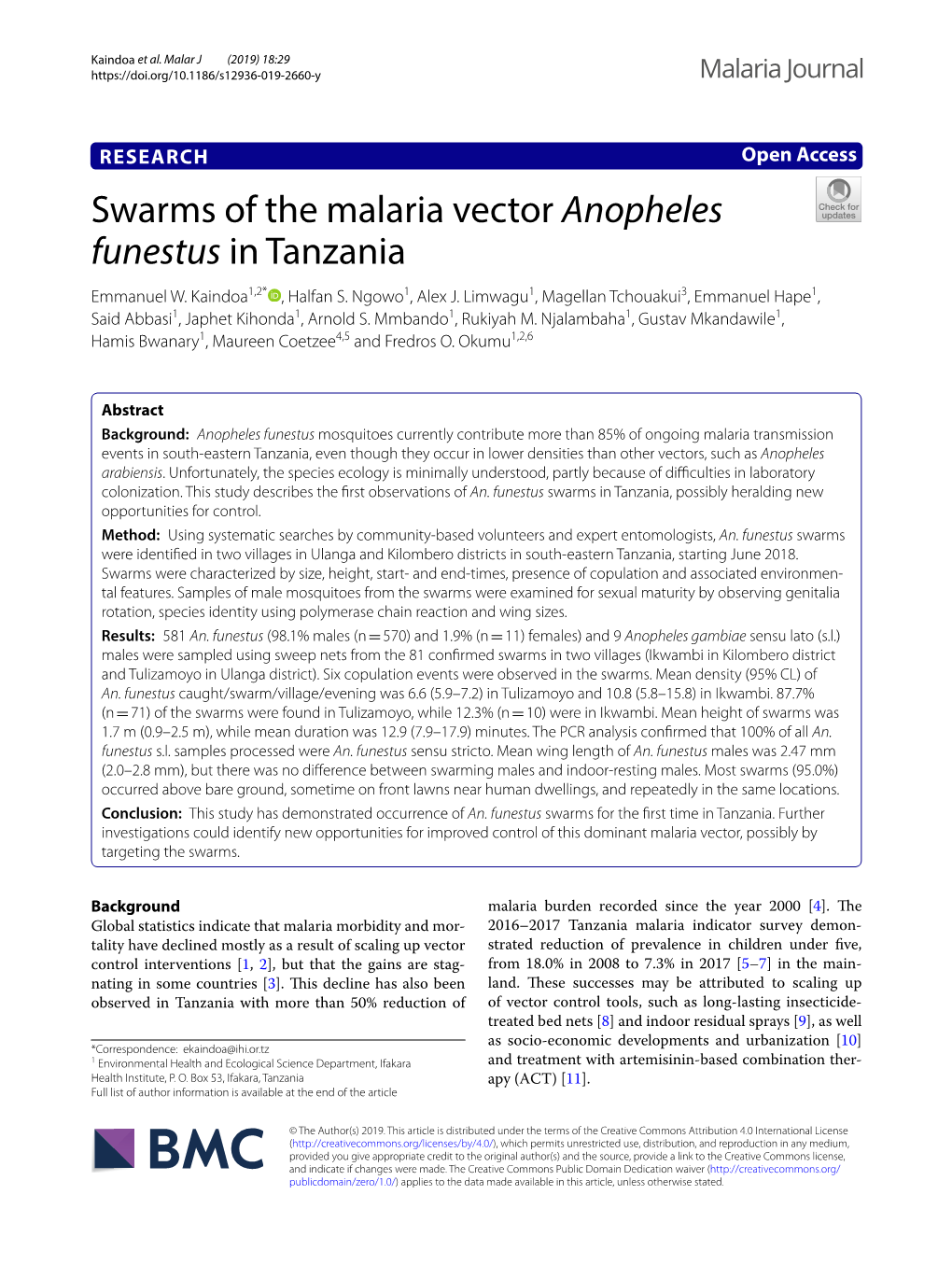 Swarms of the Malaria Vector Anopheles Funestus in Tanzania Emmanuel W
