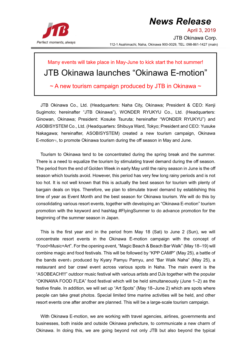 News Release April 3, 2019 JTB Okinawa Corp