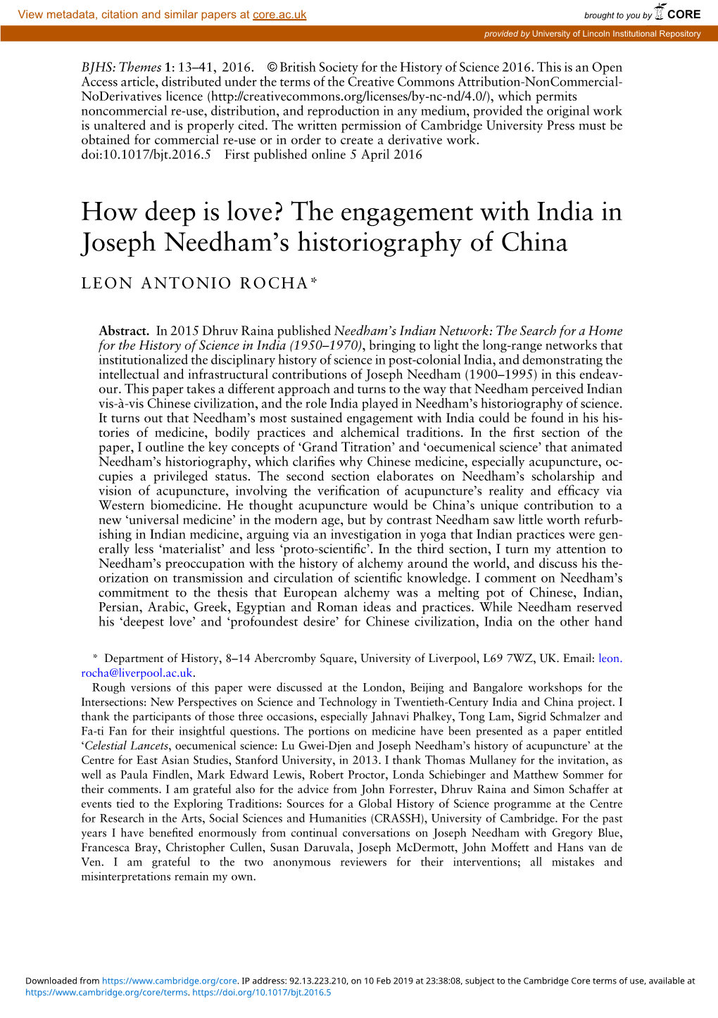 The Engagement with India in Joseph Needham's Historiography