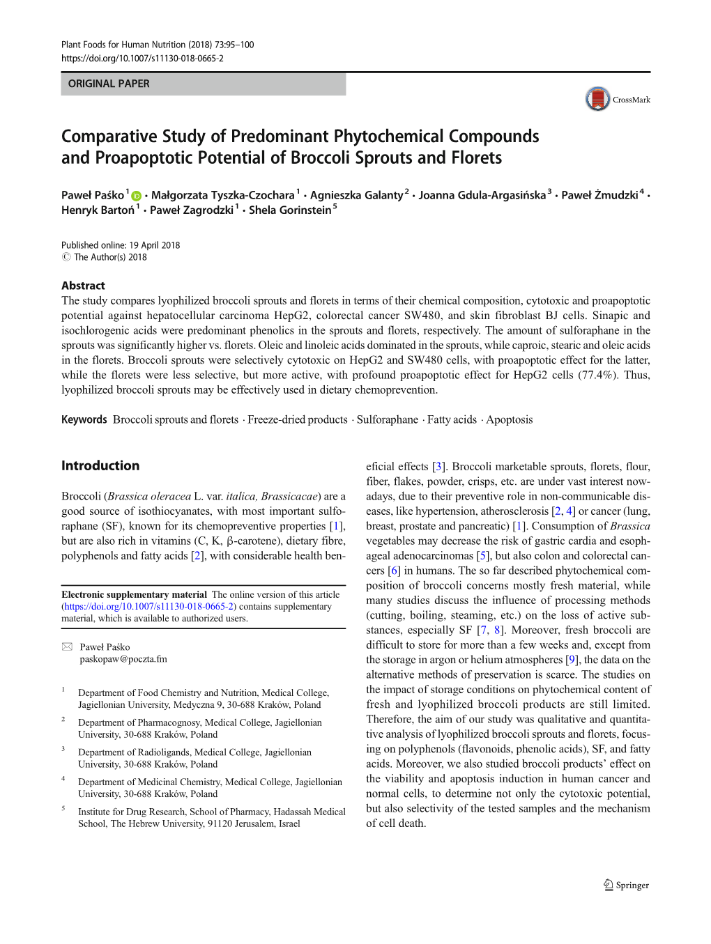 Comparative Study of Predominant Phytochemical Compounds and Proapoptotic Potential of Broccoli Sprouts and Florets