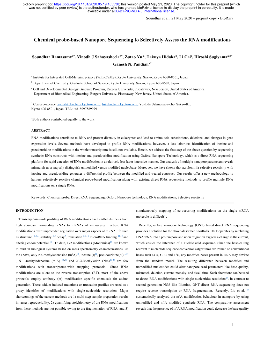 Chemical Probe-Based Nanopore Sequencing to Selectively Assess the RNA Modifications