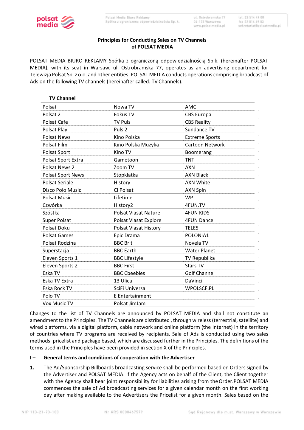 Principles for Conducting Sales on TV Channels of POLSAT MEDIA