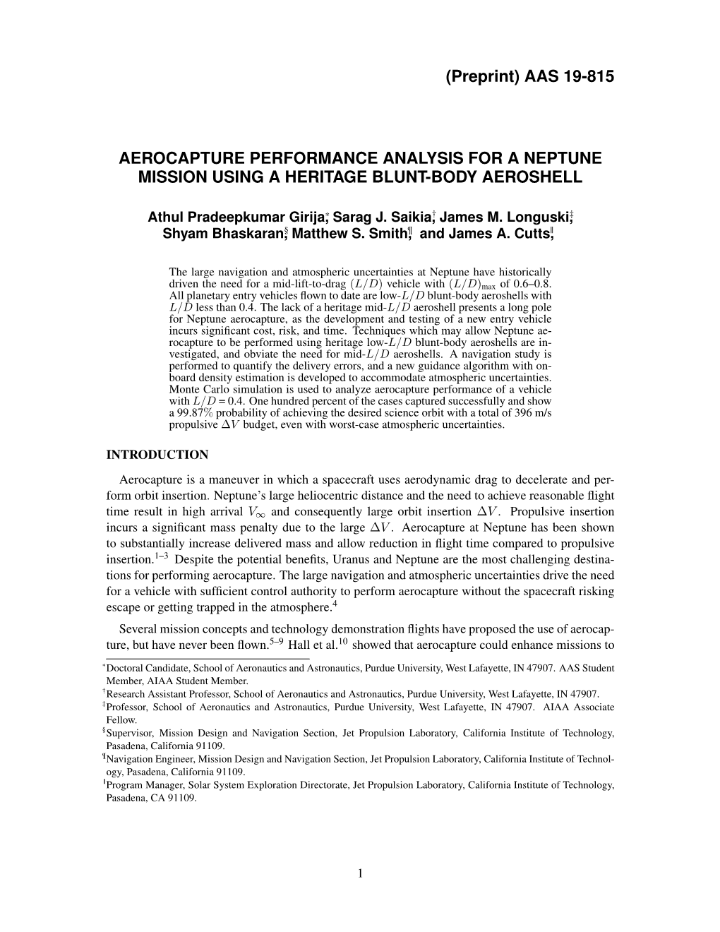 Aas 19-815 Aerocapture Performance Analysis for a Neptune Mission Using a Heritage Blunt-Body Aeroshell