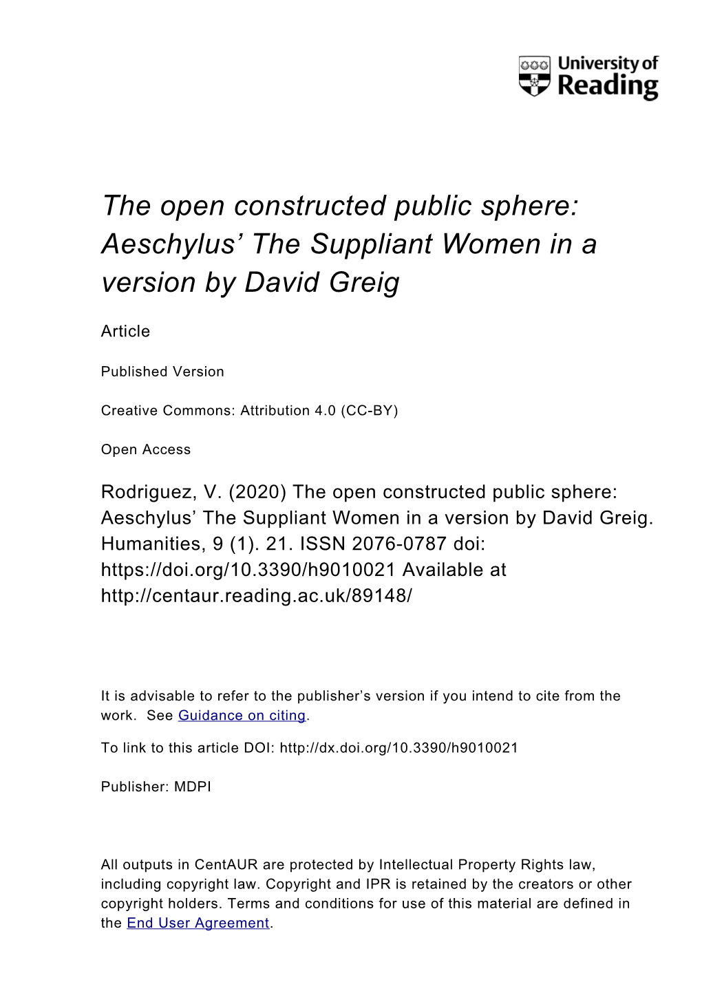 The Open Constructed Public Sphere: Aeschylus' the Suppliant Women in a Version by David Greig