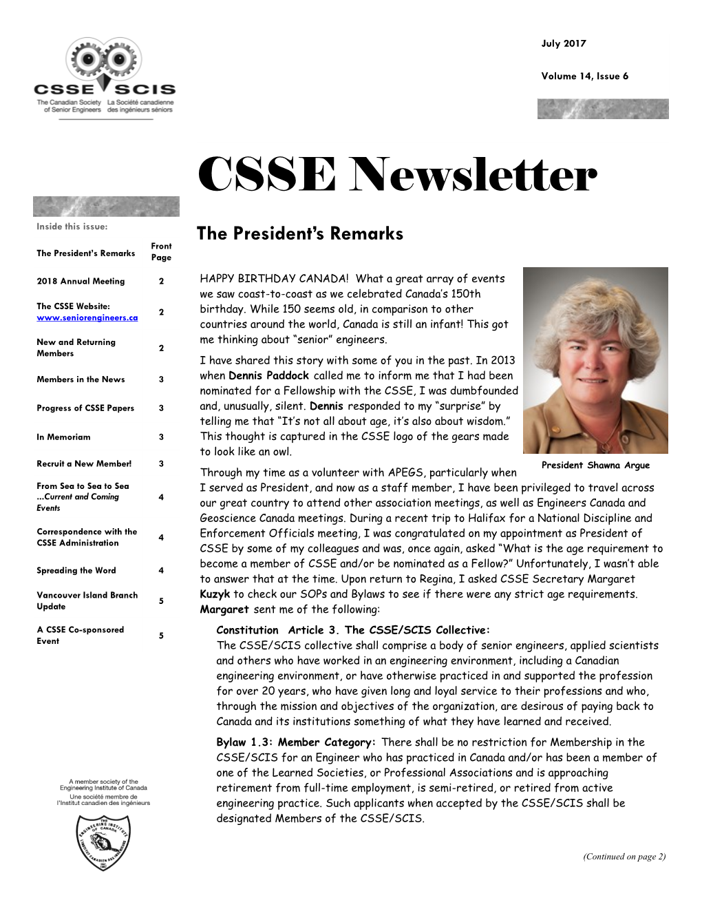 CSSE Newsletter Inside This Issue: the President’S Remarks Front the President’S Remarks Page