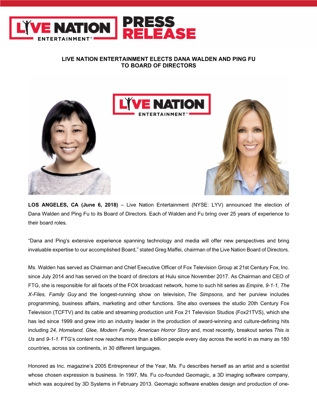 Live Nation Entertainment Elects Dana Walden and Ping Fu to Board of Directors
