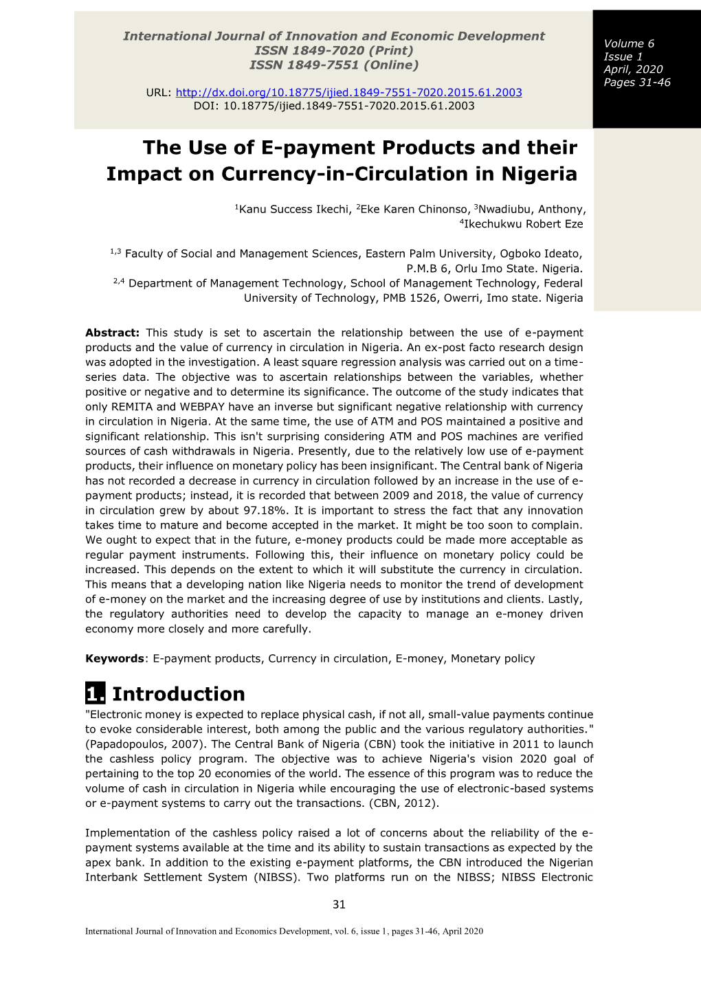 The Use of E-Payment Products and Their Impact on Currency-In-Circulation in Nigeria